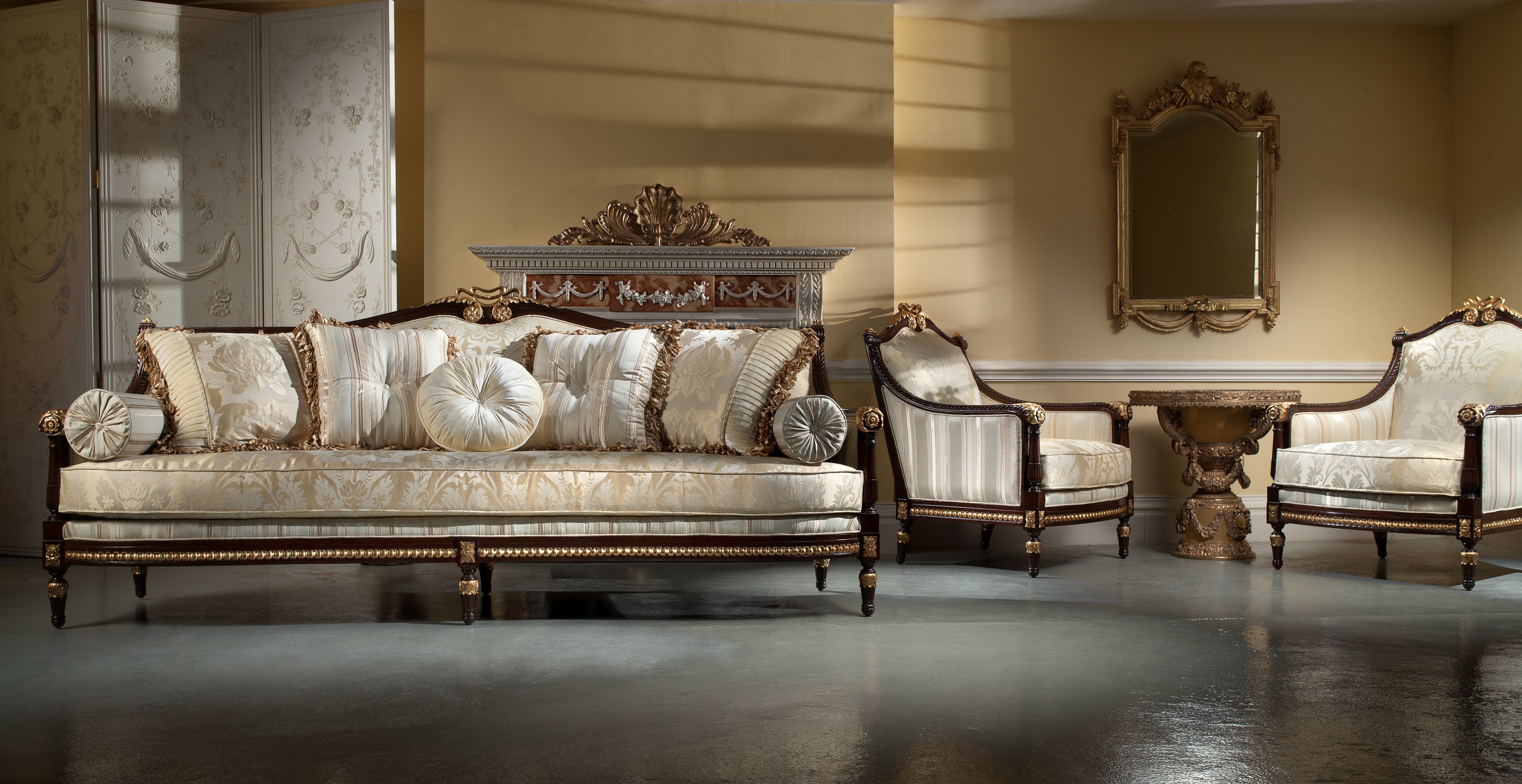 Elegant furniture showroom interior with wooden dresser and decor